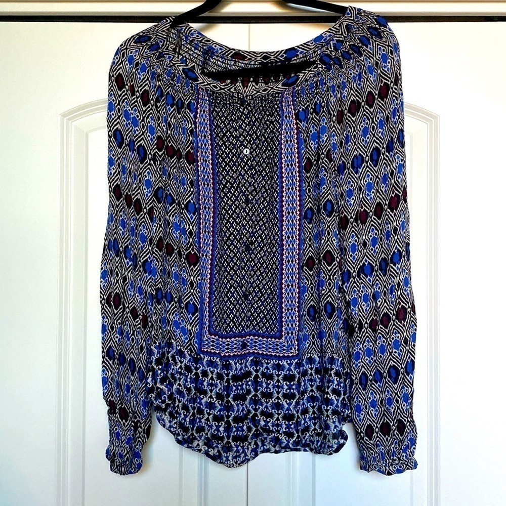 Lucky Brand peasant Blouse Womens M smocked Sheer button down Bohemian Top Tunic